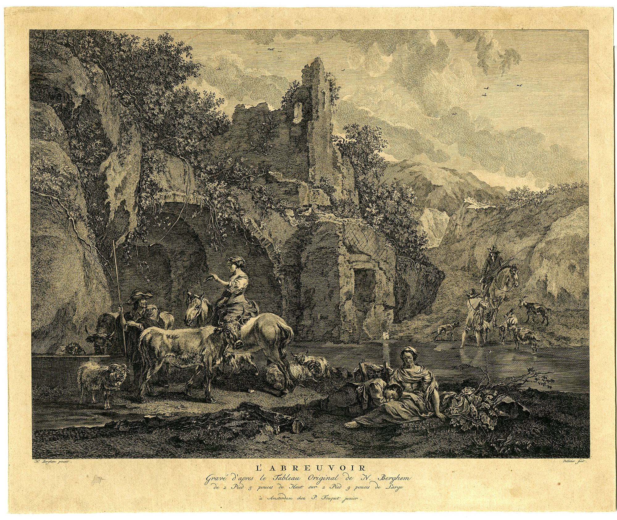 , Antique Master Print-CATTLE-SHEPHARD-PASTORAL-RUINS-Pelletier-Berchem-1746-1780, Pictura Antique Prints