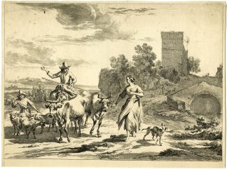 Antique Master Print-CATTLE-HERDING-COW-SHEEP-DOG-GOAT-Visscher-Berchem-c.1660