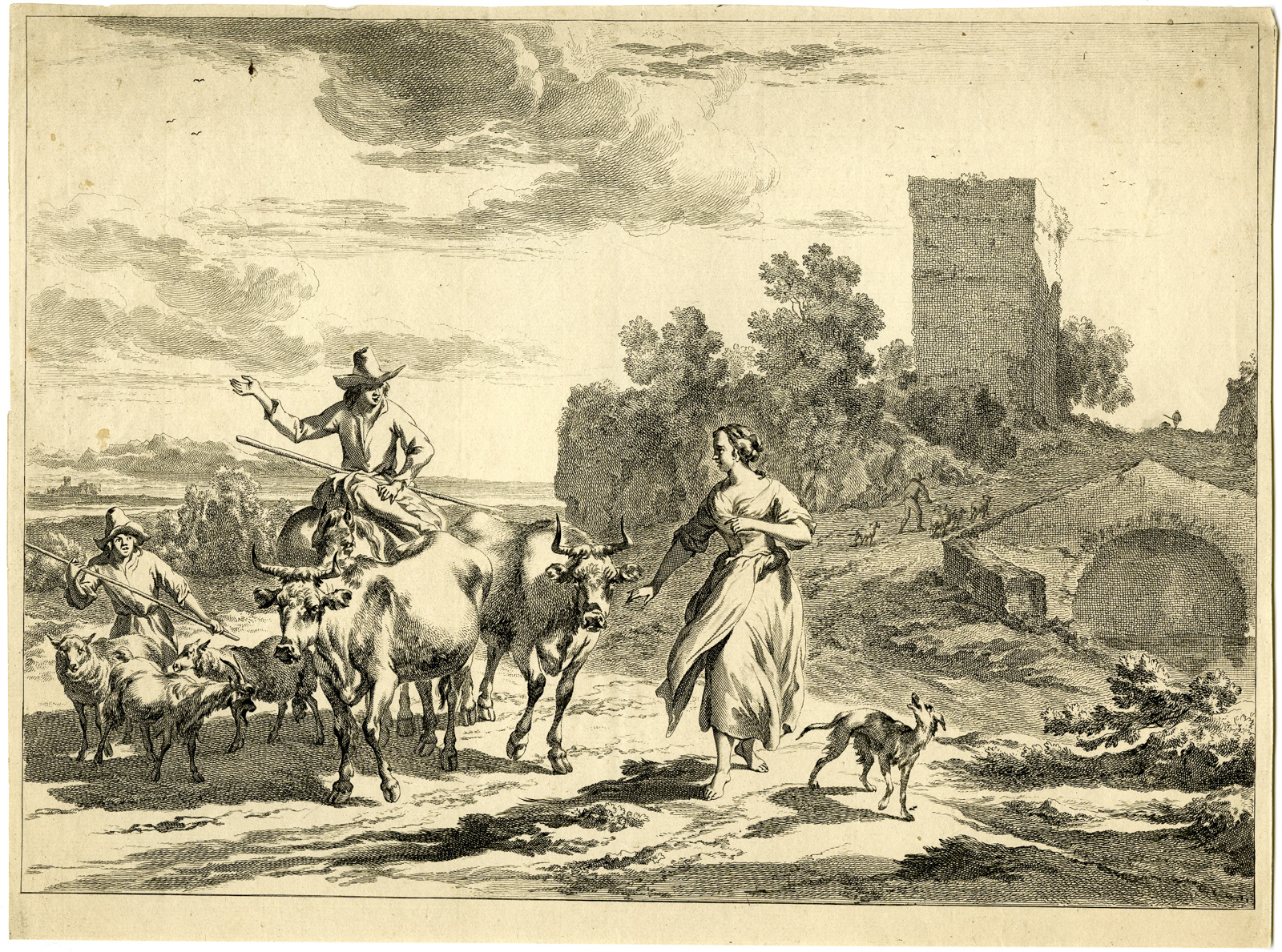 , Antique Master Print-CATTLE-HERDING-COW-SHEEP-DOG-GOAT-Visscher-Berchem-c.1660, Pictura Antique Prints
