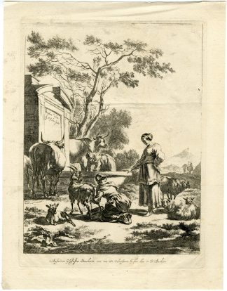 Antique Master Print-SHEPHERDESS-AT-THE-WELL-Visscher-Berchem-1653-1712