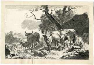 Antique Master Print-SHEPHERD-CATTLE-LANDSCAPE-Visscher-Berchem-1640-1658