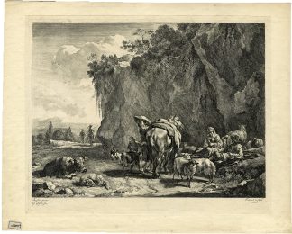 Antique Master Print-SHEPHERDS-SPINNING-ROADSCENE-Visscher-Berchem-c.1660