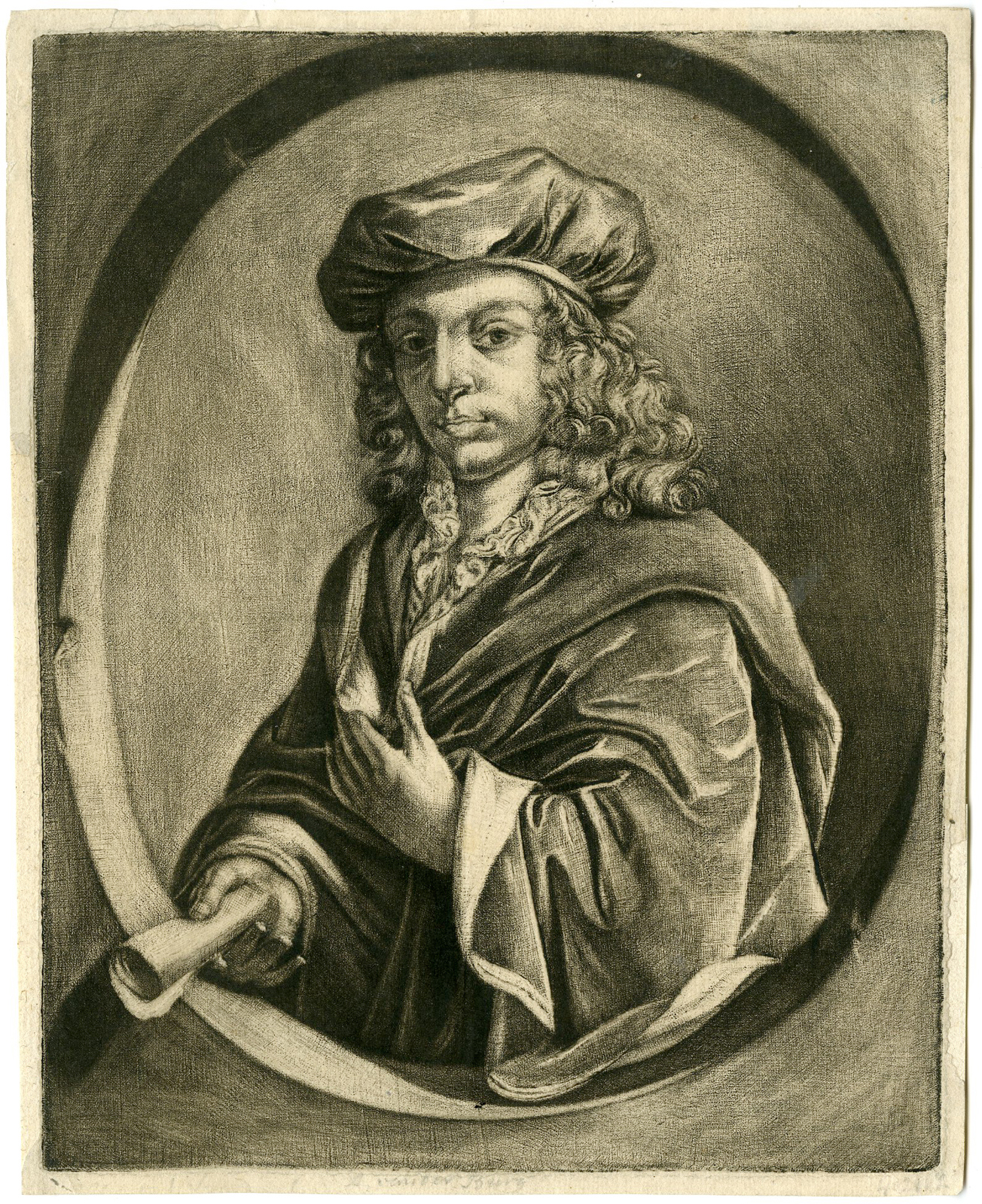 , Rare-Antique Master Print-SELF-PORTRAIT-MEZZOTINT-van der Burch-1687-1750, Pictura Antique Prints