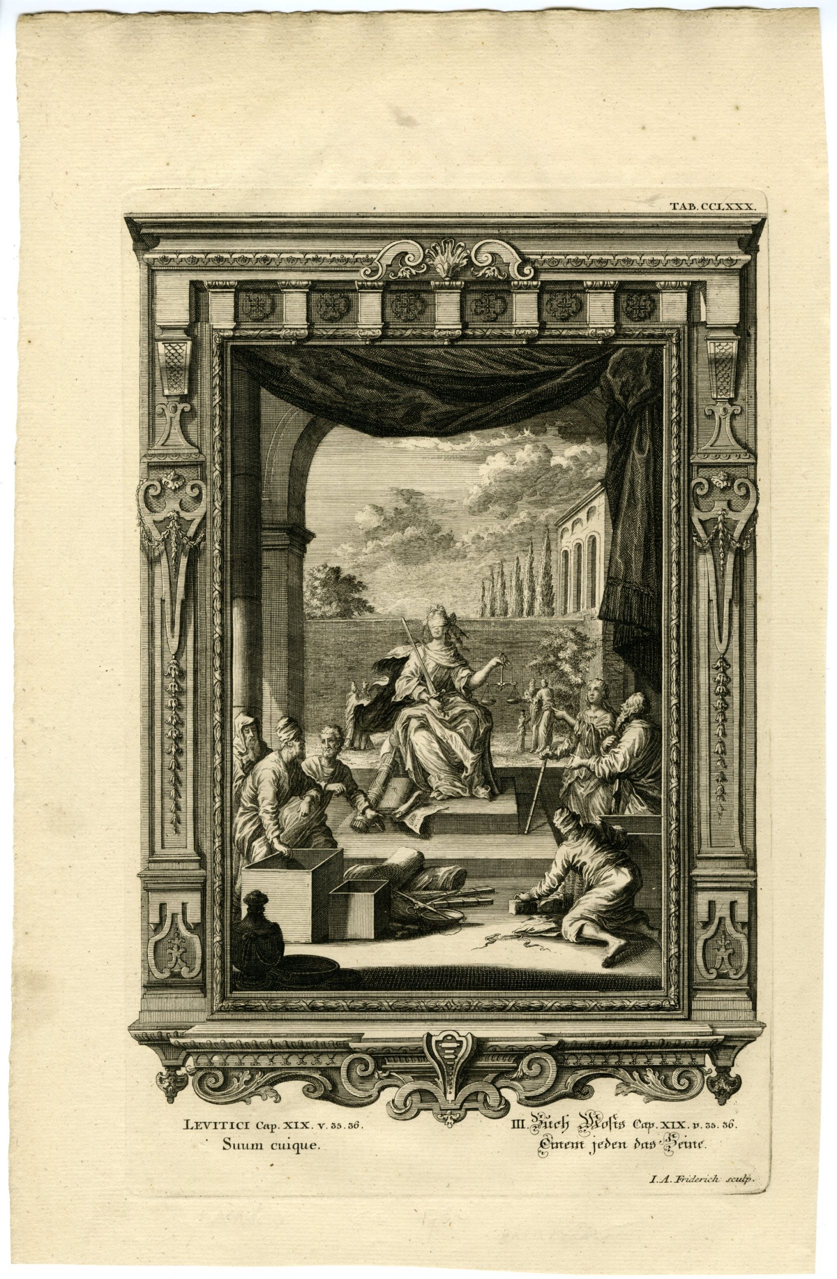 , Antique Print-JUSTICE-ALLEGORY-TRADE-Friedrich-Scheuchzer-1731-1735, Pictura Antique Prints