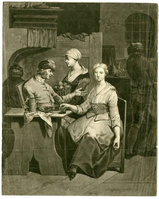 Rare-Antique Master Print-MEZZOTINT-TAVERN-INTERIOR-DISCUSSION-Anonymous-18th c.