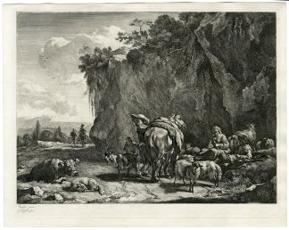 Antique Master Print-PASTORAL-ROADWAY-SHEPHERD-SHEEP-HORSE-Visscher-Berchem-1660