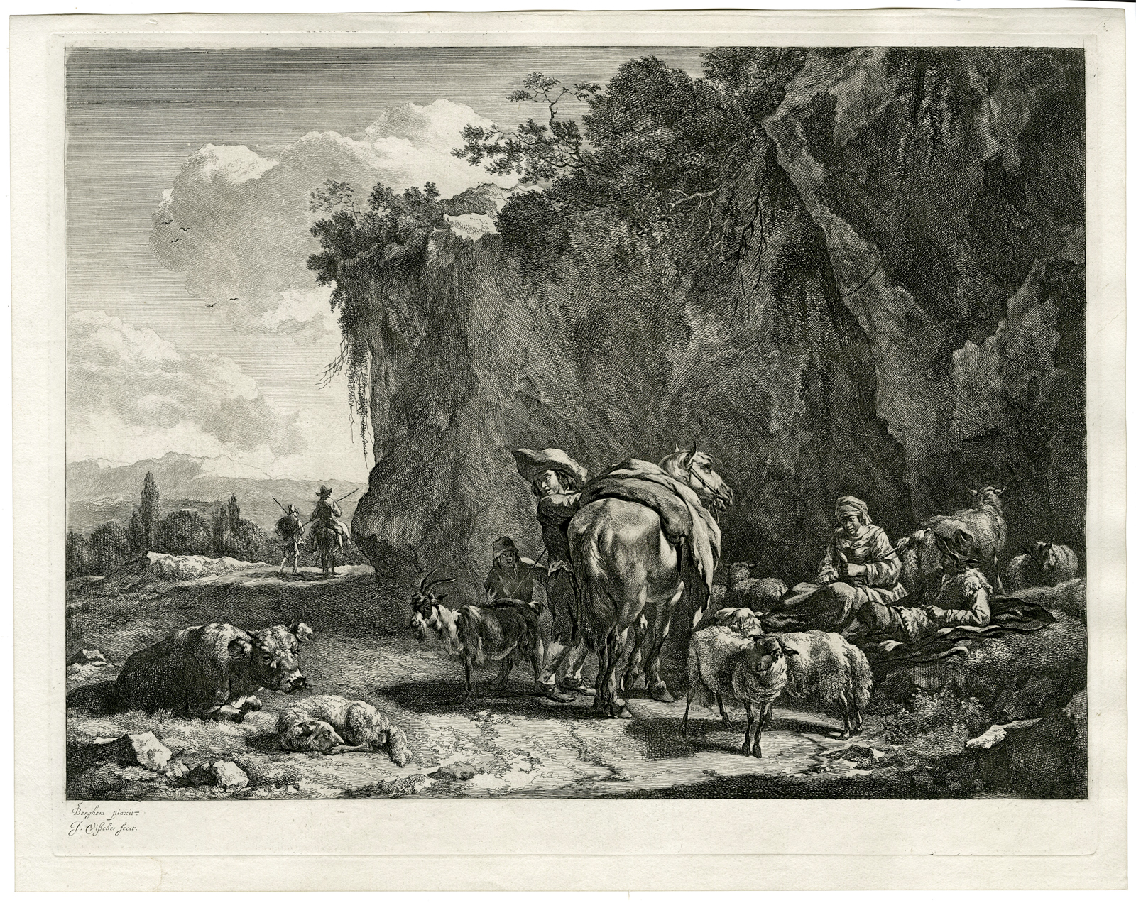 , Antique Master Print-PASTORAL-ROADWAY-SHEPHERD-SHEEP-HORSE-Visscher-Berchem-1660, Pictura Antique Prints