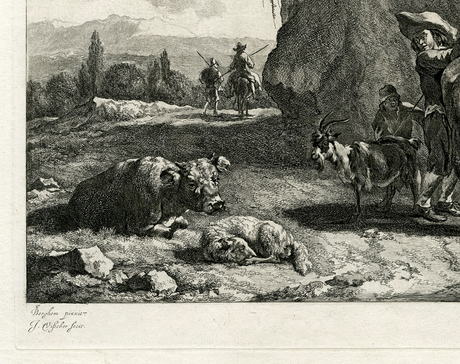 , Antique Master Print-PASTORAL-ROADWAY-SHEPHERD-SHEEP-HORSE-Visscher-Berchem-1660, Pictura Antique Prints