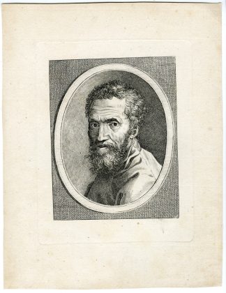 Antique Master Print-MICHELANGELO-BUONARROTI-OVAL-PORTRAIT-Michelangelo-18th c.