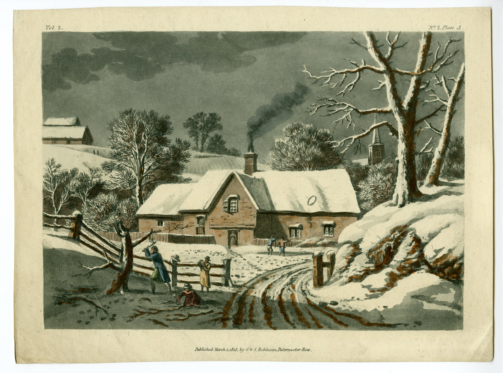 , Antique Print-WINTER-COTTAGE-ENGLISH-VILLAGE-SNOW-SCENE-Robinson-1815, Pictura Antique Prints