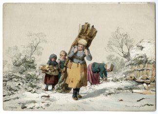 Antique Print-WINTER-RURAL-WOMEN-CHILDREN-FIREWOOD-Mozin-c.1850