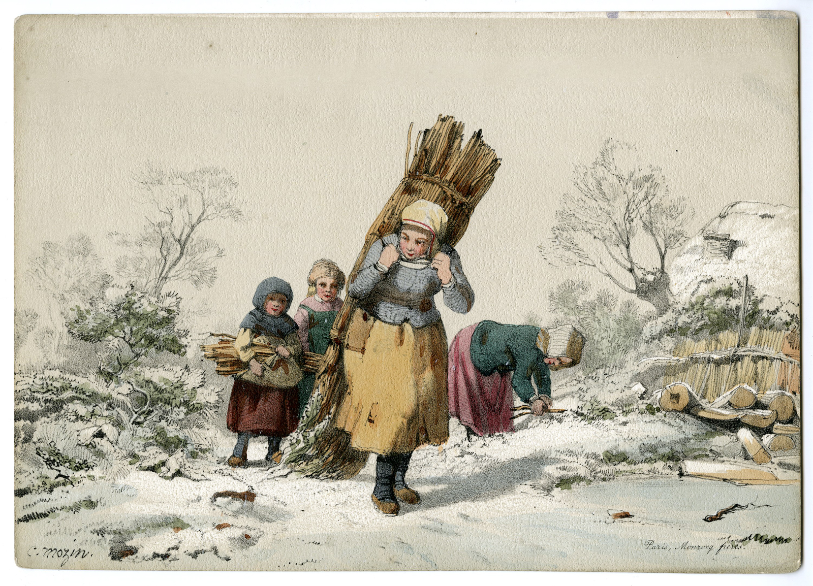 , Antique Print-WINTER-RURAL-WOMEN-CHILDREN-FIREWOOD-Mozin-c.1850, Pictura Antique Prints