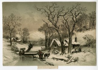 Antique Print-WINTER-LANDSCAPE-RURAL-COTTAGES-FIREWOOD-SCENE-Anonymous-c.1850