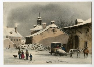 Antique Print-WINTER-TOWN-SCENE-SLEIGH-Hostein-c.1850