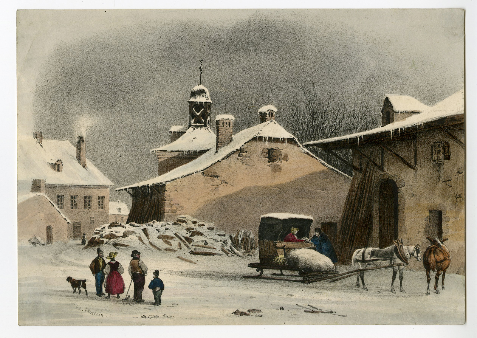 , Antique Print-WINTER-TOWN-SCENE-SLEIGH-Hostein-c.1850, Pictura Antique Prints