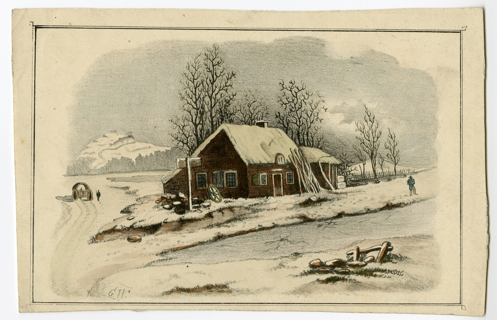 , Antique Print-WINTER-INN-COTTAGE-GW-LANDSCAPE-ROAD-MOUNTAIN-Anonymous-c.1850, Pictura Antique Prints