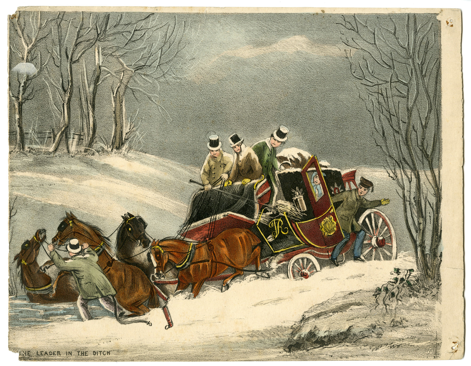 , Antique Print-WINTER-COACHING-SATIRE-HORSE-DITCH-VICTORIAN-Anonymous-c.1850, Pictura Antique Prints
