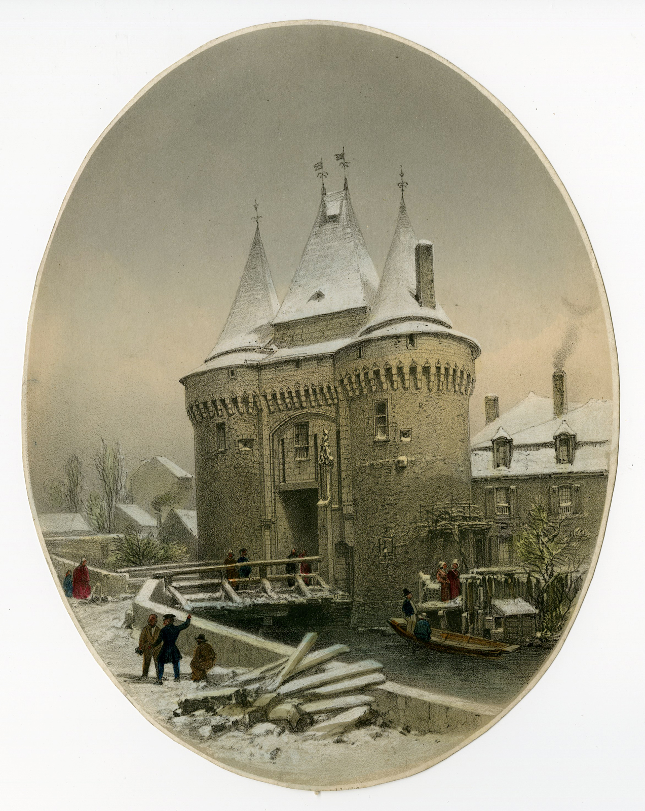 , Antique Print-PORTE-DE-LA-FERTE-BERNARD-RAILWAY-WINTER-Jacottet-c.1855-1865, Pictura Antique Prints