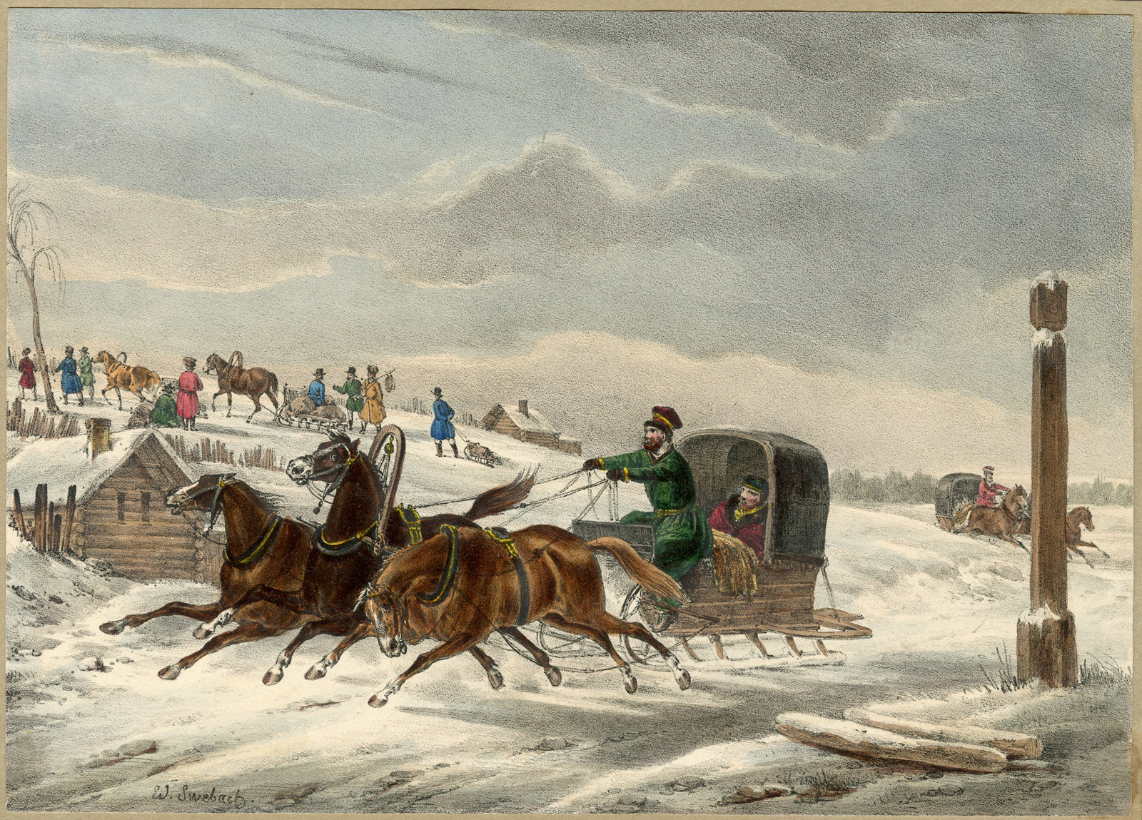 , Antique Print-TRAINEAU-POSTE WINTER-SLEIGH-Engelmann-Swebach-c.1835, Pictura Antique Prints
