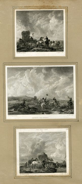 3-Antique Prints-RIDERS-HAY-BATHING-HORSES-ENGRAVINGS-Wouwerman-19th c.