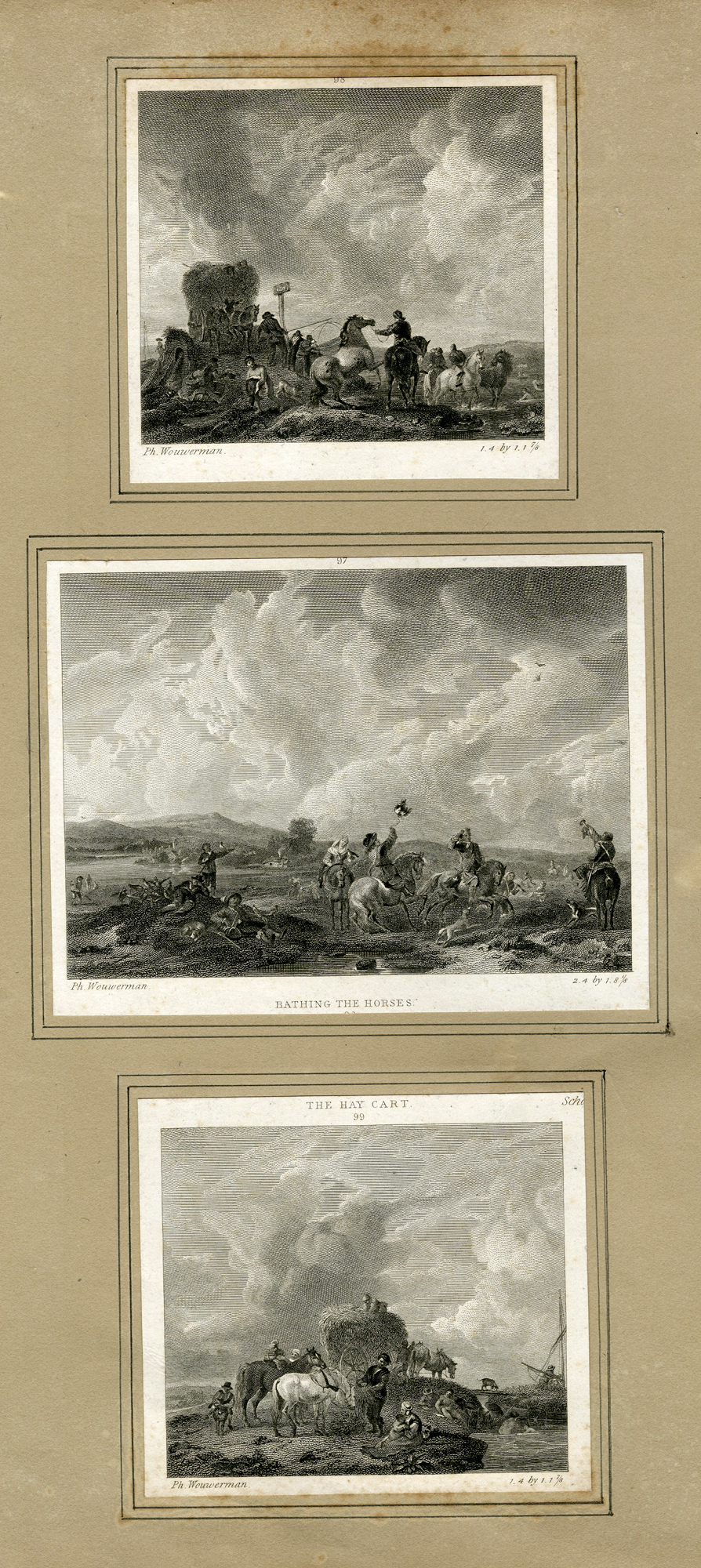 , 3-Antique Prints-RIDERS-HAY-BATHING-HORSES-ENGRAVINGS-Wouwerman-19th c., Pictura Antique Prints