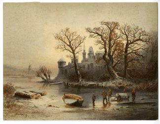 Antique Print-WINTER-CASTLE-RIVER-LANDSCAPE-Bredow-c.1880