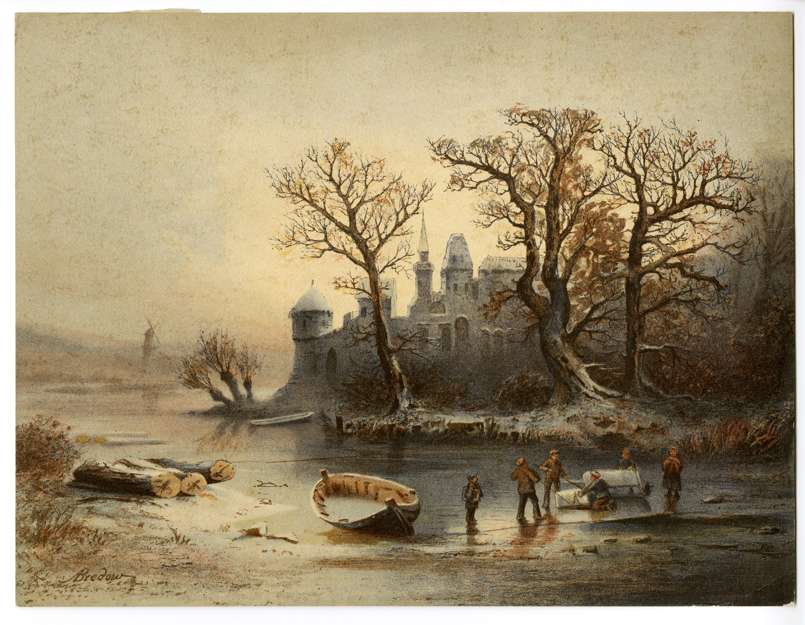 , Antique Print-WINTER-CASTLE-RIVER-LANDSCAPE-Bredow-c.1880, Pictura Antique Prints