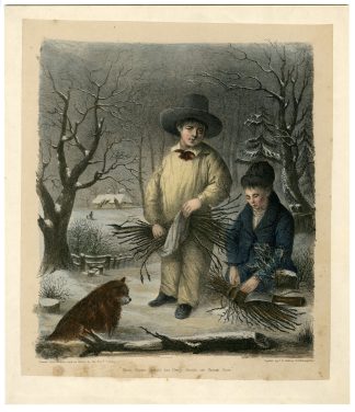 Antique Print-WINTER-GATHERING WOOD-BOYS-Skelton-Kilby-c.1840