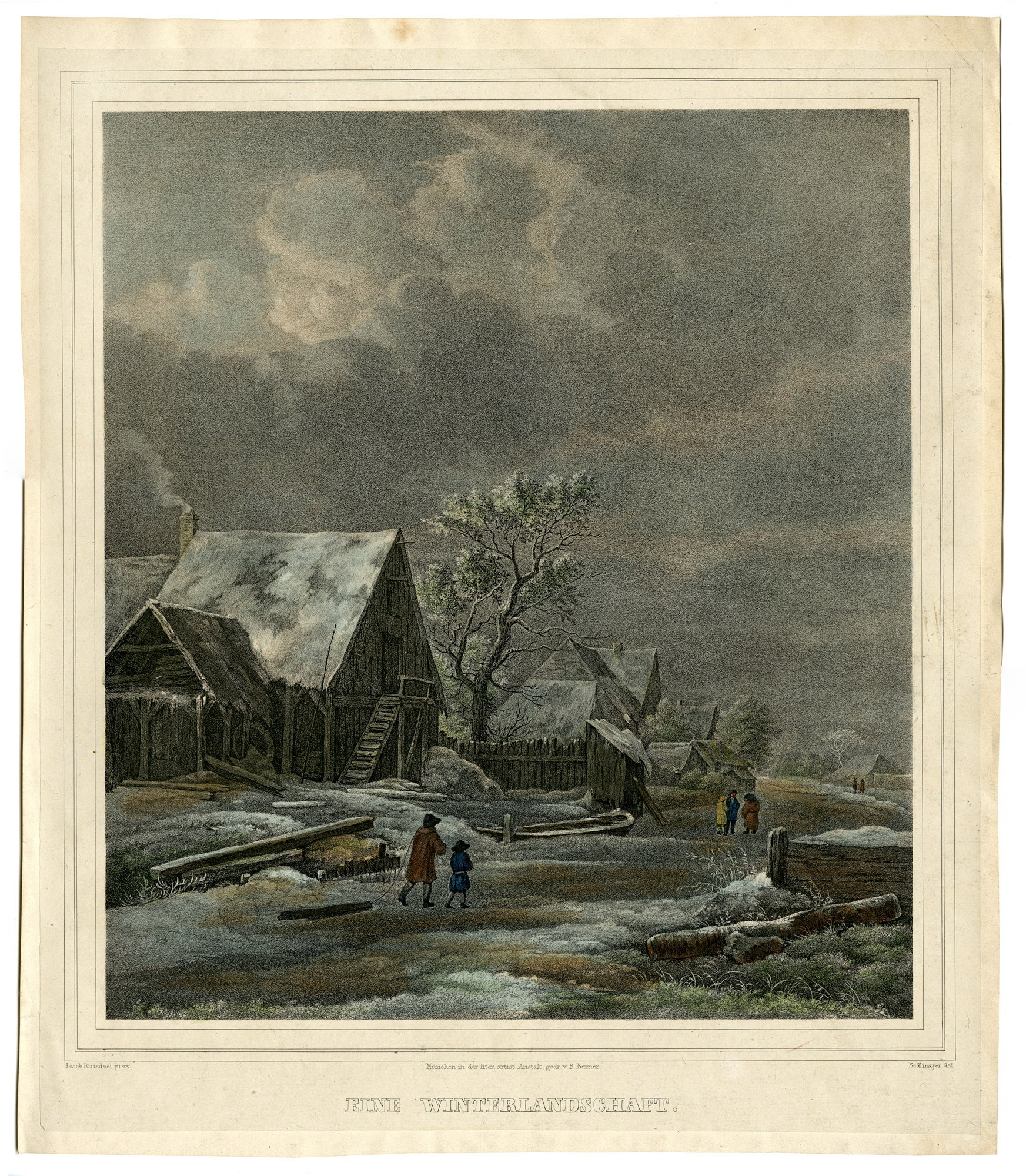 , Antique Master Print-WINTERLANDSCHAFT-WINTER LANDSCAPE-Sedlmayer-Ruisdael-c.1850, Pictura Antique Prints