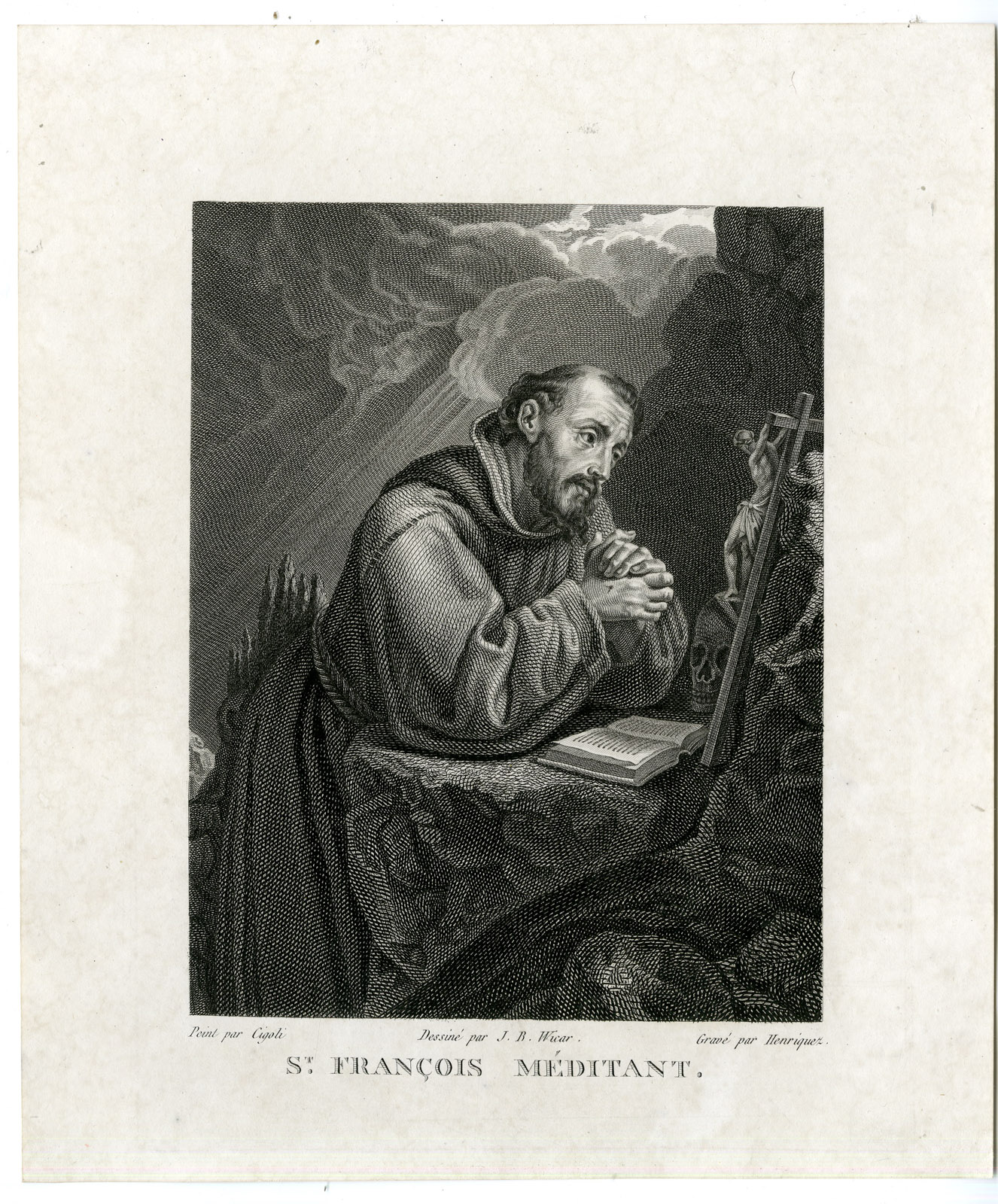 , Antique Print-ST-FRANCIS-MEDITATING-RELIGIOUS-Henriquez-Cigoli-Wicar-c.1790-1805, Pictura Antique Prints