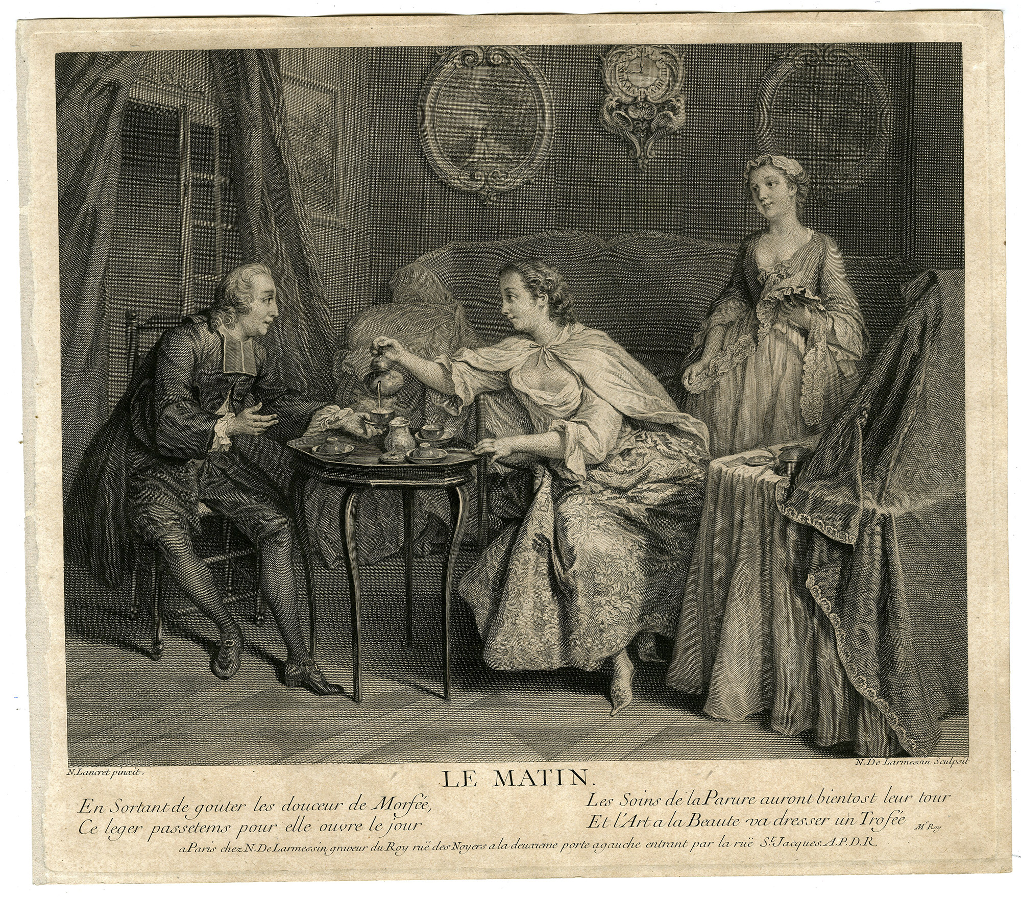 , 4-Antique Master Prints-TIMES-OF-DAY-Larmessin-Lancret-1741, Pictura Antique Prints