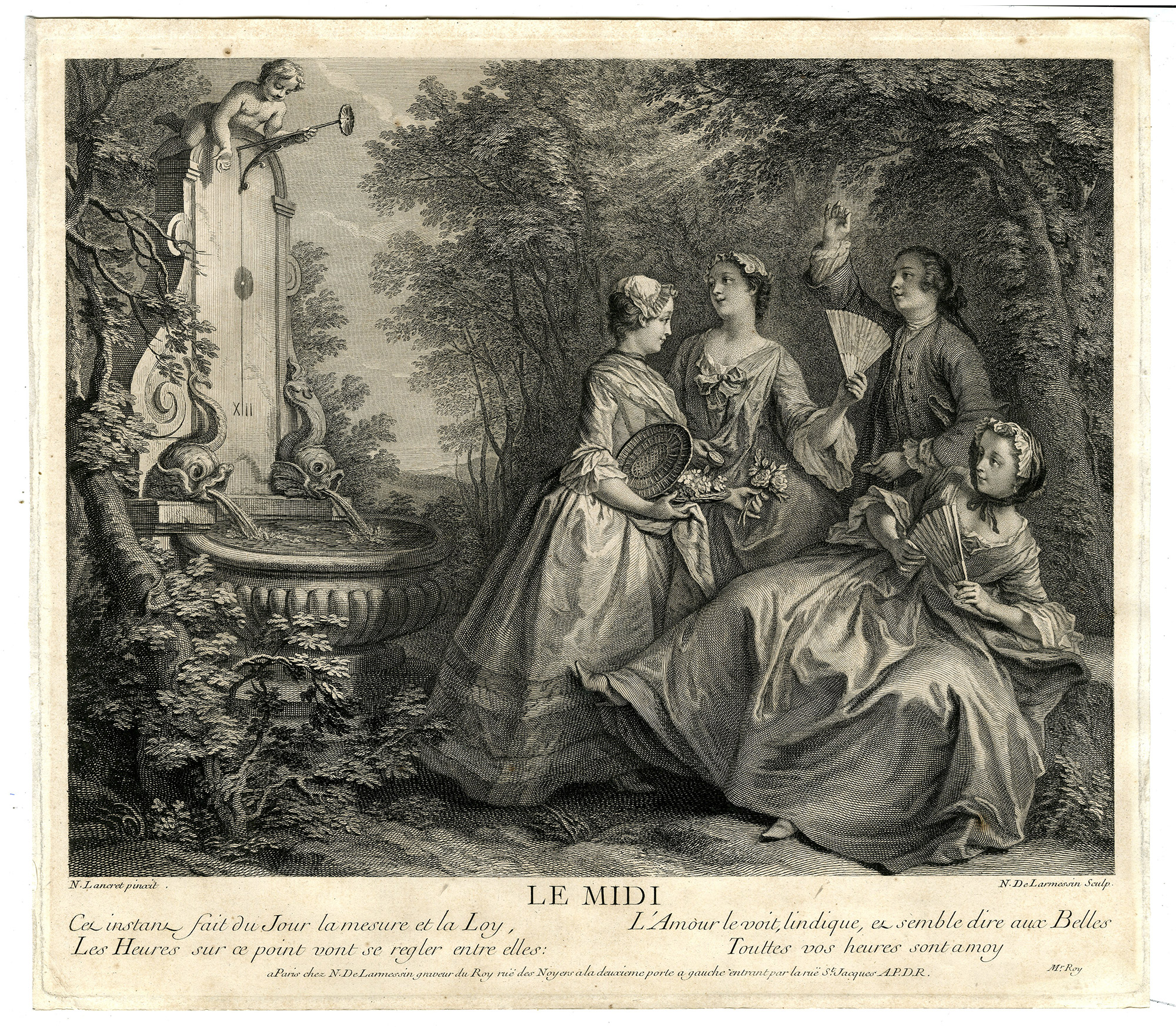 , 4-Antique Master Prints-TIMES-OF-DAY-Larmessin-Lancret-1741, Pictura Antique Prints