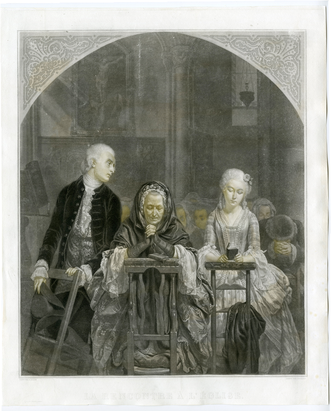 , Antique Master Print-ROMANTIC CHURCH ENCOUNTER-GENRE-Allais-Roehn-c.1820, Pictura Antique Prints