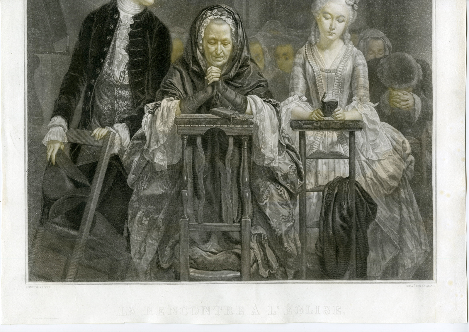 , Antique Master Print-ROMANTIC CHURCH ENCOUNTER-GENRE-Allais-Roehn-c.1820, Pictura Antique Prints