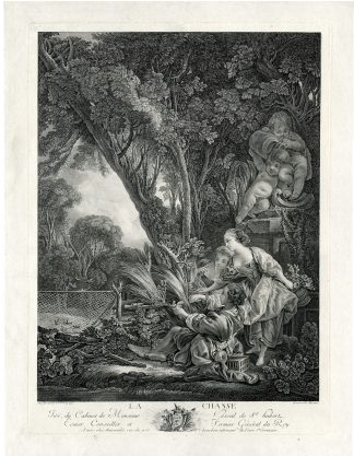 Antique Master Print-LA-CHASSE-BIRD HUNT-ROMANCE-Beauvarlet-Boucher-c.1770