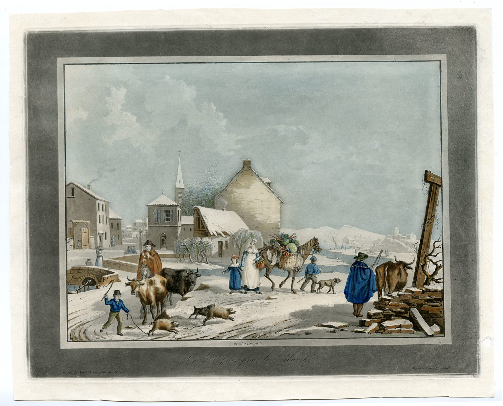 , Antique Master Print-DEPART-MARCHE-LEAVING FOR MARKET-WINTER-Jazet-c.1820, Pictura Antique Prints