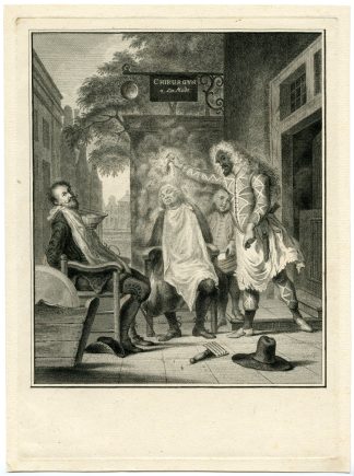 Antique Master Print-ARLEQUIN-SURGEON-BARBER-Tanje-Troost-1758