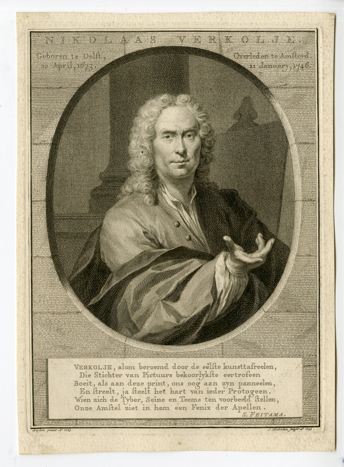 , Antique Master Print-NICOLAAS-VERKOLJE-PORTRAIT-Houbraken-Verkolje-1753, Pictura Antique Prints