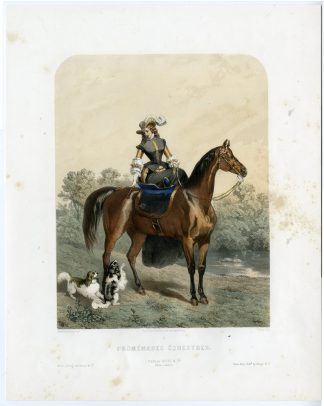 Antique Master Print-EQUESTRIAN-GIRL-RIDING HORSE-DOGS-Jaime-Dreux-c.1850-1860