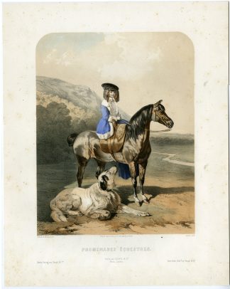 Antique Master Print-EQUESTRIAN-GIRL-RIDING HORSE-DOG-Jaime-Dreux-c.1850-1860