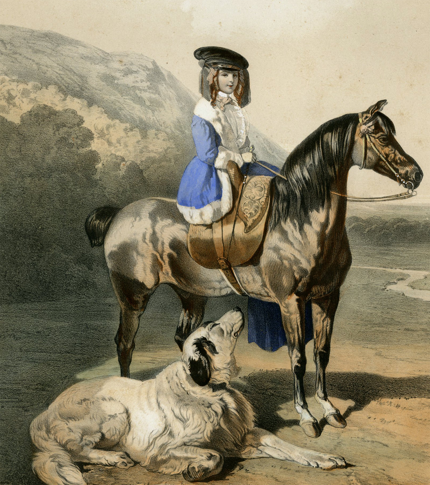 , Antique Master Print-EQUESTRIAN-GIRL-RIDING HORSE-DOG-Jaime-Dreux-c.1850-1860, Pictura Antique Prints