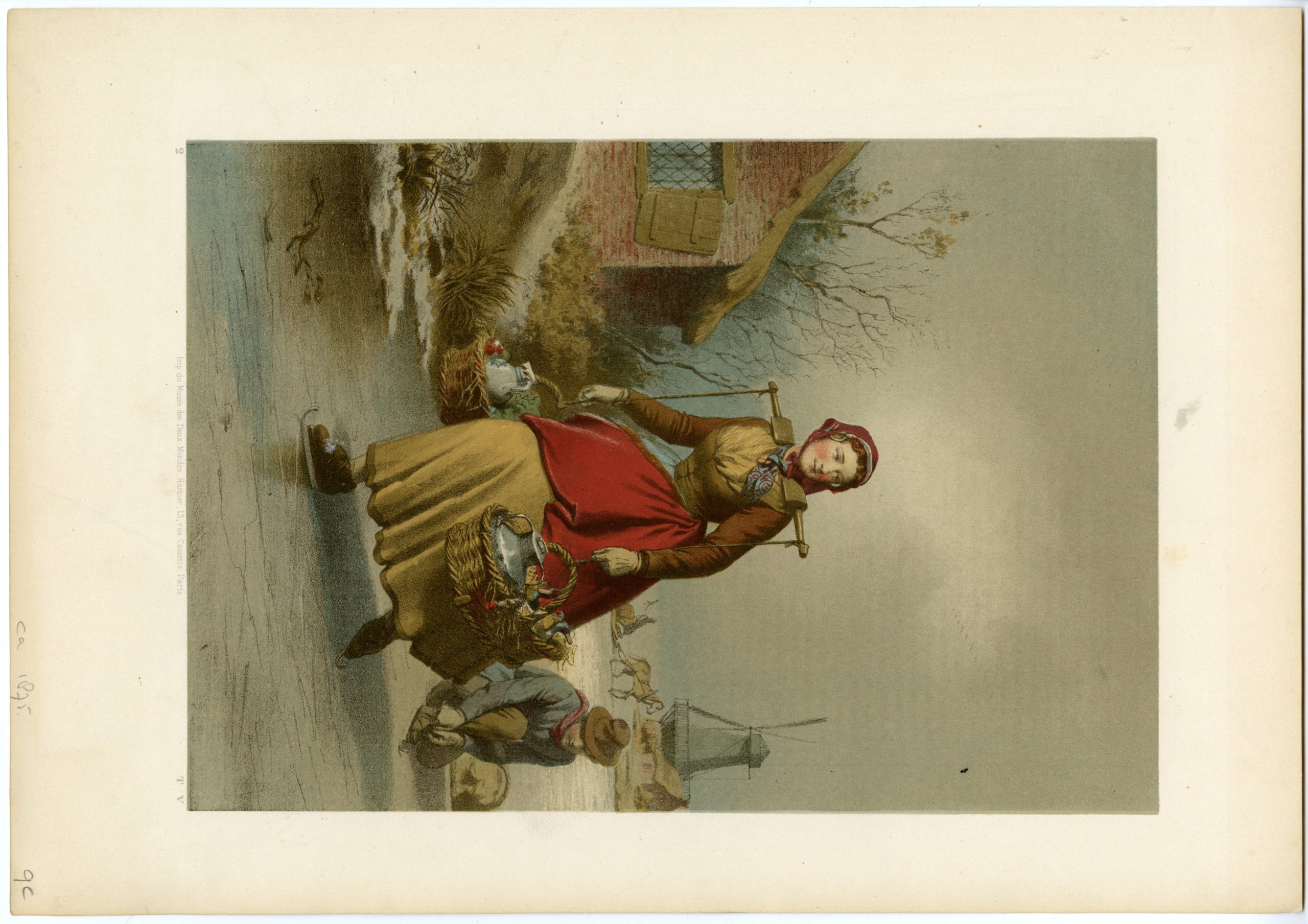 , Antique Print-DUTCH-WINTER-FEMALE FIGURE SKATER-LITHOGRAPH-T V-David-1875, Pictura Antique Prints