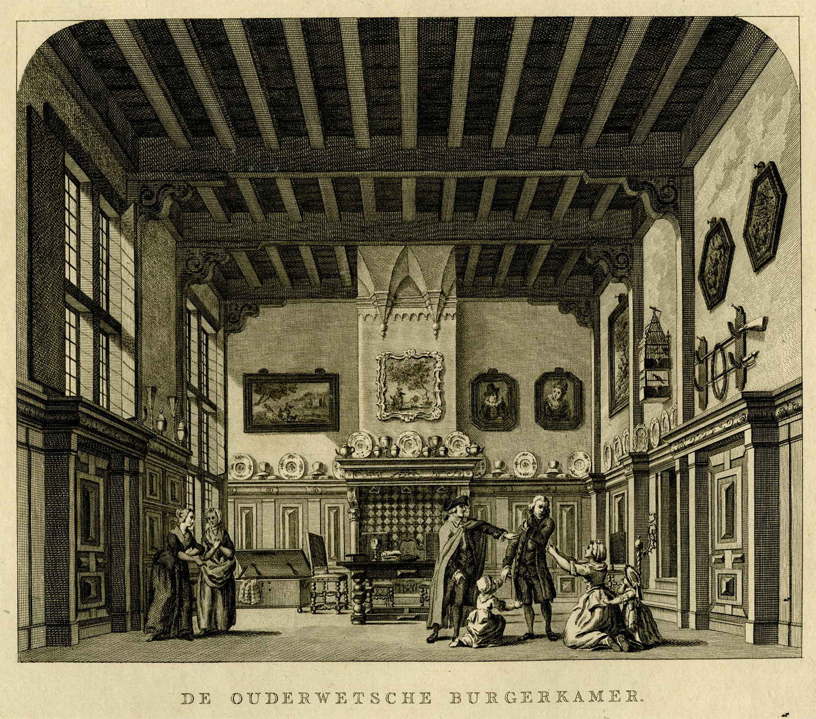 , Antique Master Print-THEATRE-DECOR-OLD-DUTCH-BURGER-ROOM-Brouwer-Barbiers-1787, Pictura Antique Prints