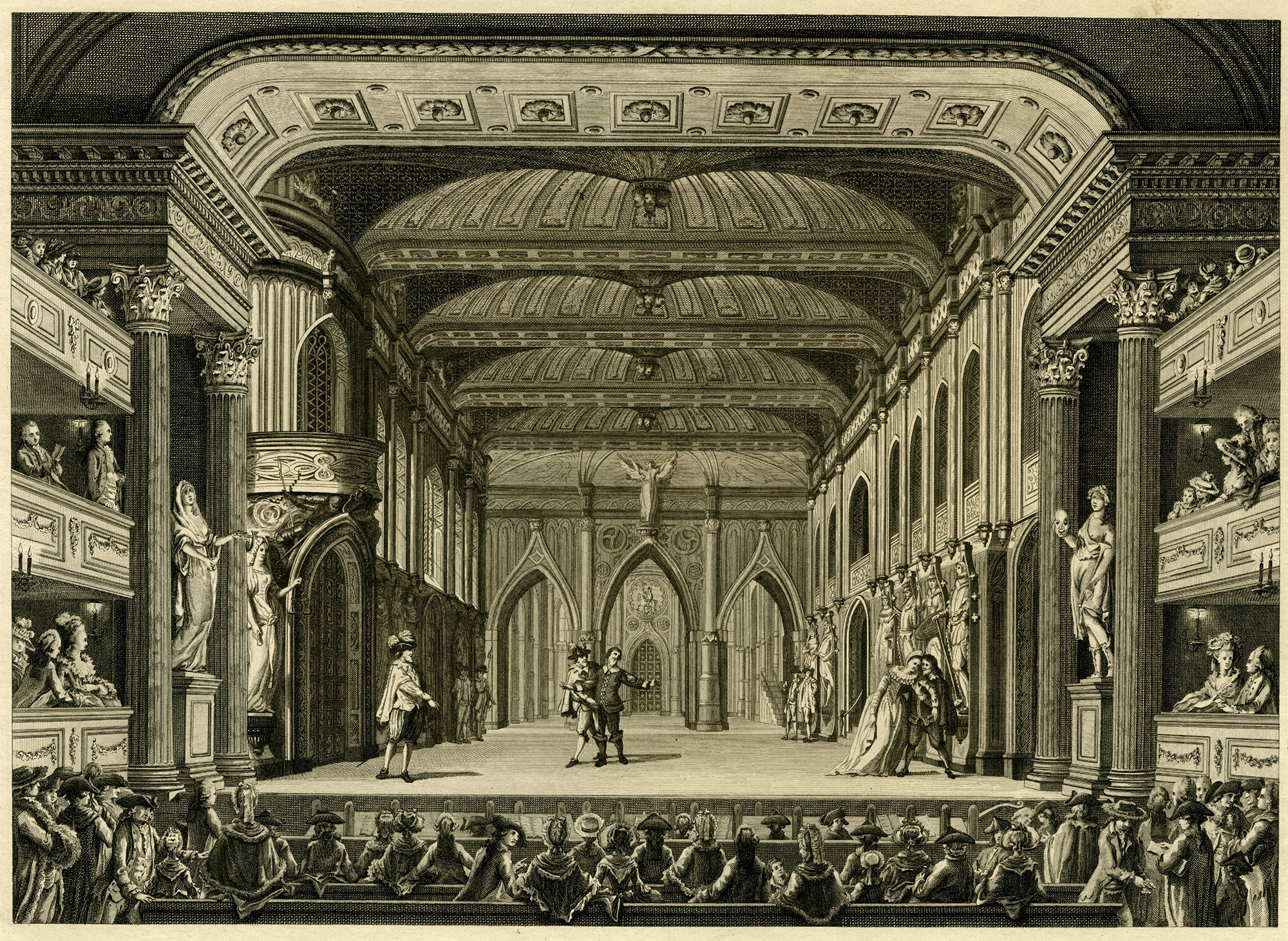 , Antique Master Print-THEATRE-INTERIOR-GOTHIC-PALACE-De Wit-Jonxis-Waldorp-1787, Pictura Antique Prints