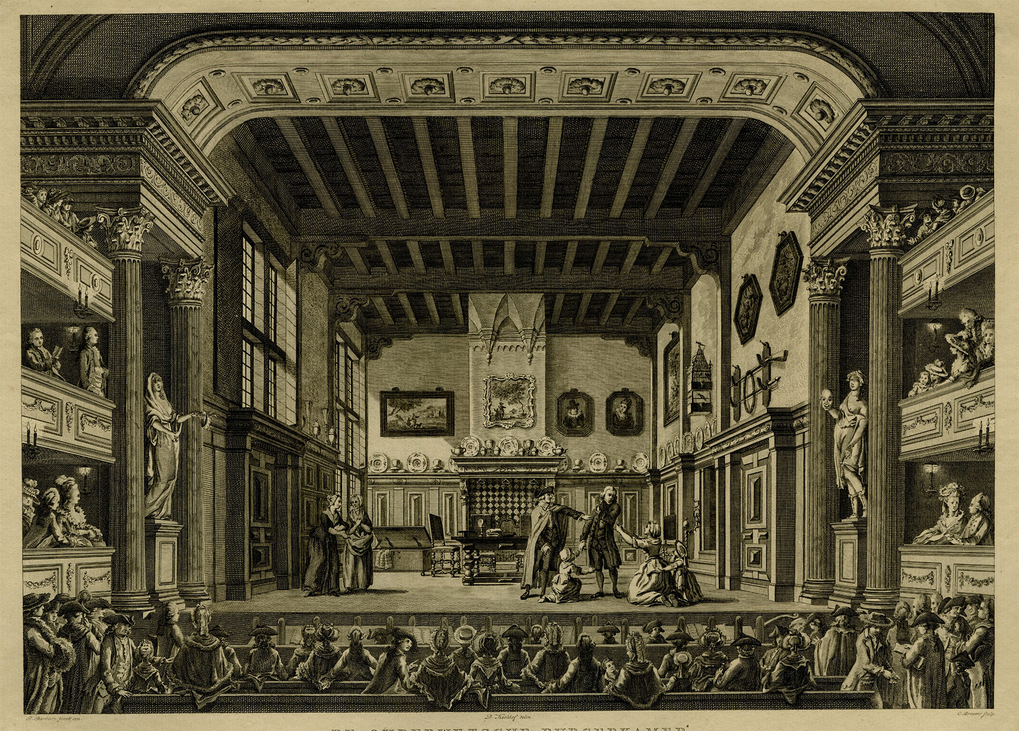 , Antique Master Print-OLDFASHIONABLE ROOM-THEATRE-SET-Brouwer-Barbiers-1787, Pictura Antique Prints
