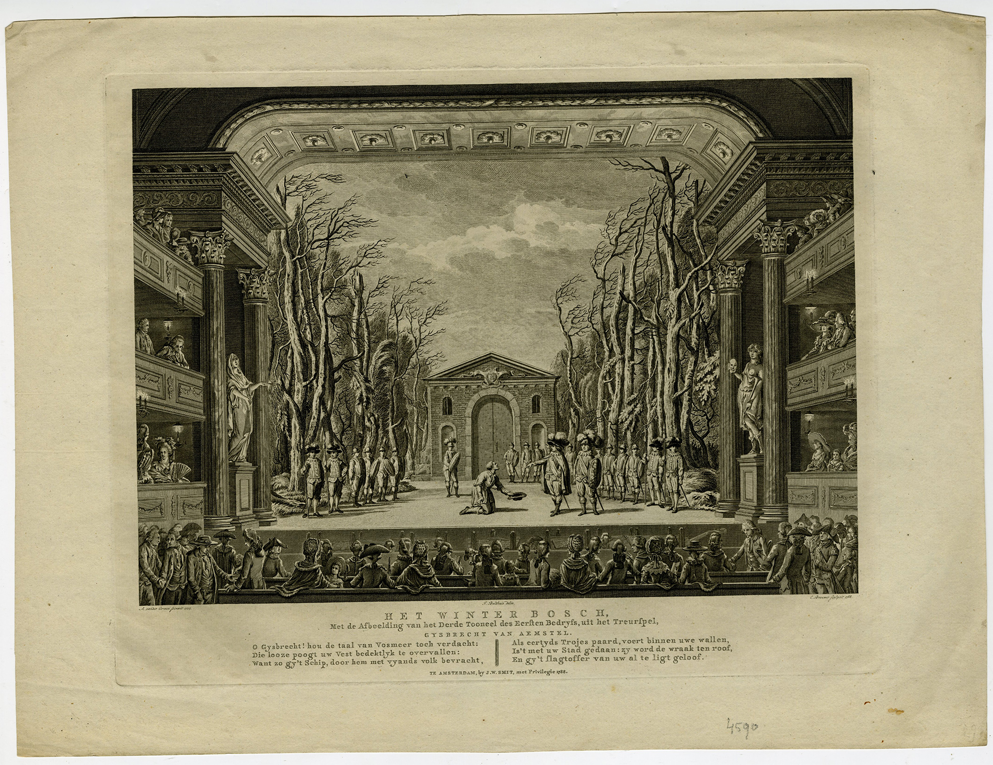 , Antique Master Print-WINTER-FOREST-THEATRE-SET-AMSTERDAM-Brouwer-vd Groen-1788, Pictura Antique Prints