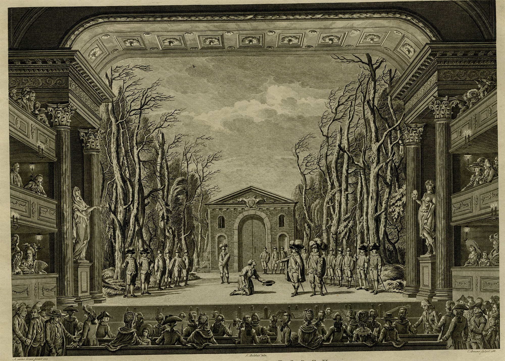 , Antique Master Print-WINTER-FOREST-THEATRE-SET-AMSTERDAM-Brouwer-vd Groen-1788, Pictura Antique Prints