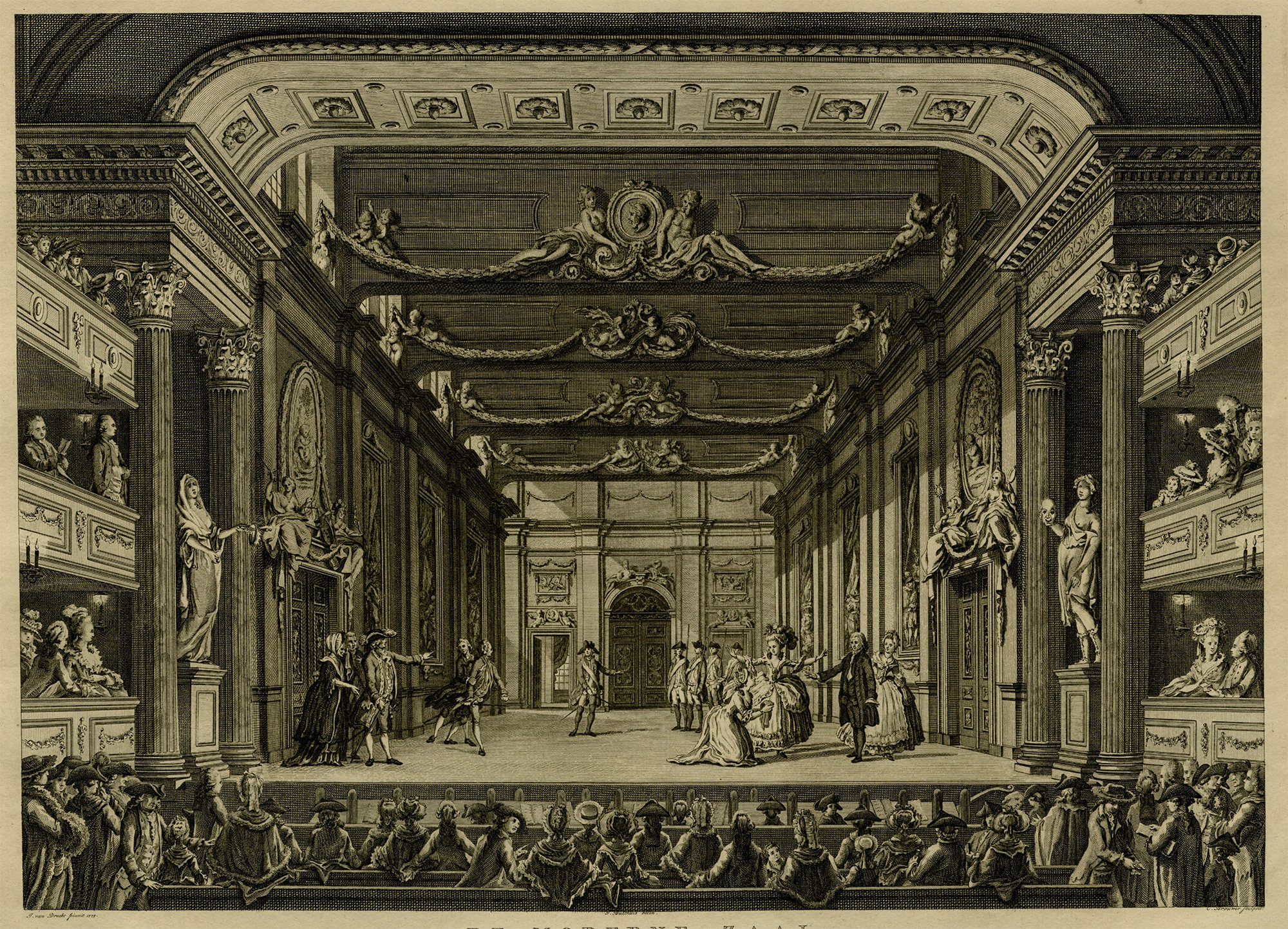 , Antique Master Print-MODERN HALL-THEATRE-SET-AMSTERDAM-Brouwer-Van Dreght-1788, Pictura Antique Prints