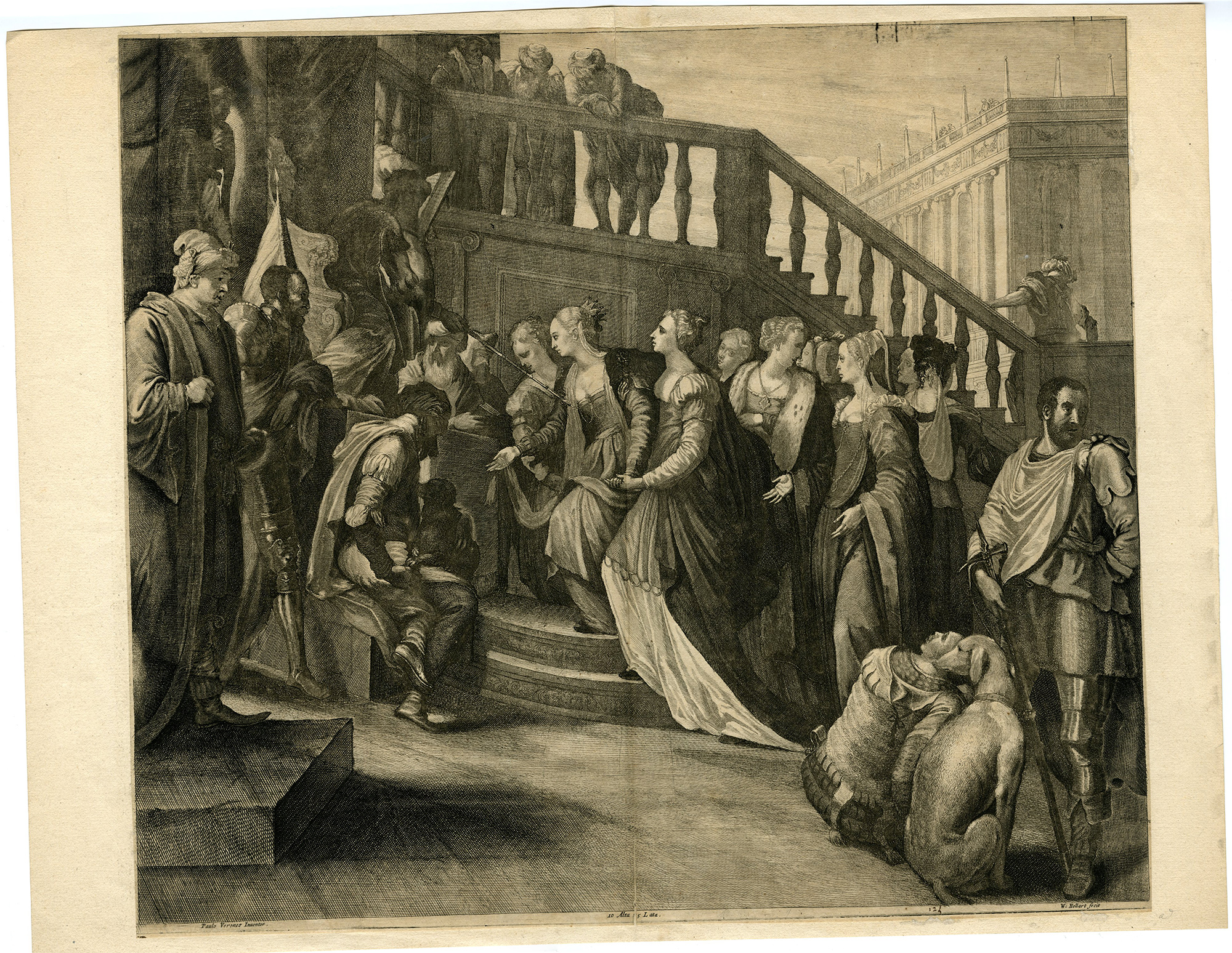 , Antique Master Print-BIBLICAL-COURT-QUEEN OF SHEBA-SOLOMON-Hollar-Veronese-1673, Pictura Antique Prints
