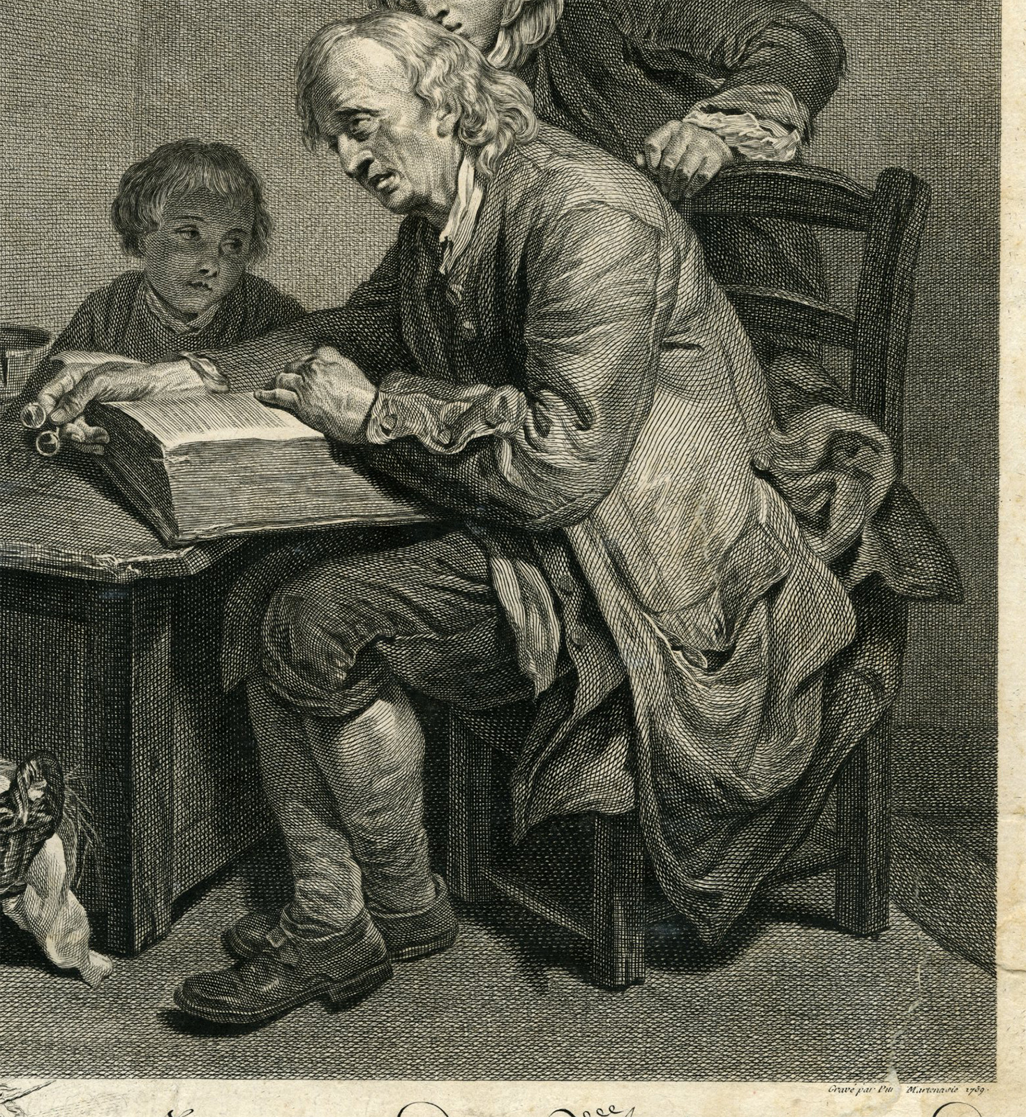 , Antique Master Print-TEACHER-FROM A BIBLE TO CHILDREN-Martenasie-Greuze-1759, Pictura Antique Prints